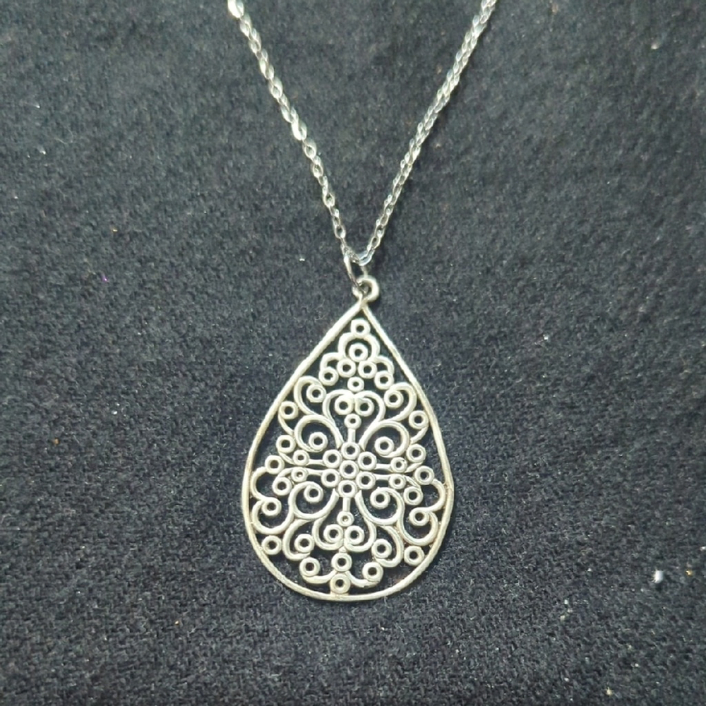 Sterling Silver Filagree Teardrop Pendant Statement Necklace
